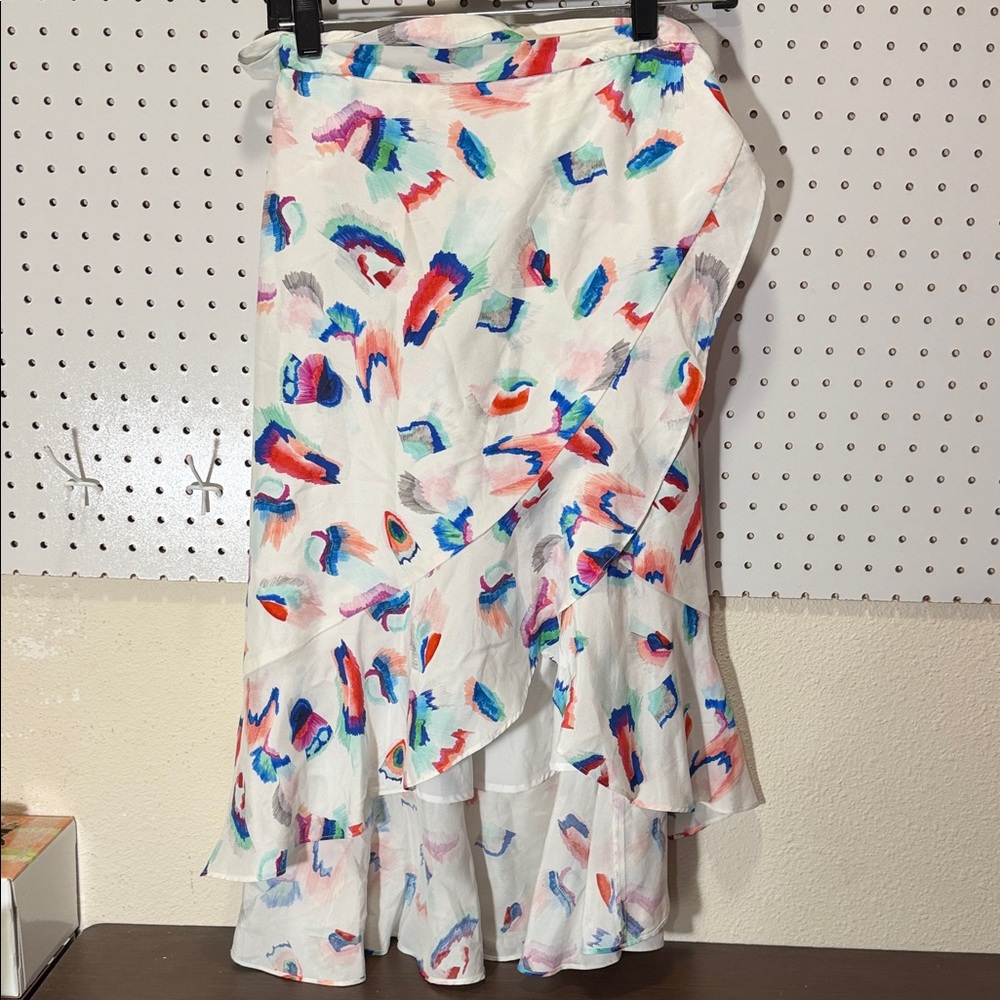 Marie Oliver Watercolor Ruffle Wrap Skirt. Feminine Floral Midi Silk Skirt